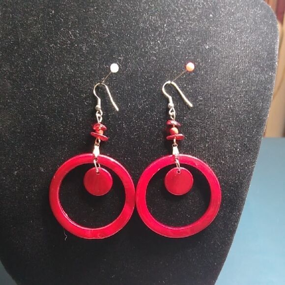 Elegant Candy Apple Red Hoop Earrings Silver Tone Metal Bold and Fun - Picture 1 of 5